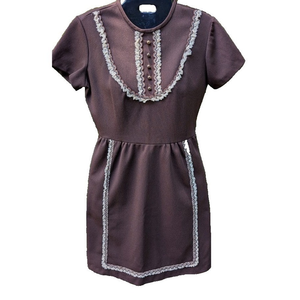 Vintage 1970s Mini Babydoll Dress XS-S Lace Trim Brown Mod Festival Cute Hippie